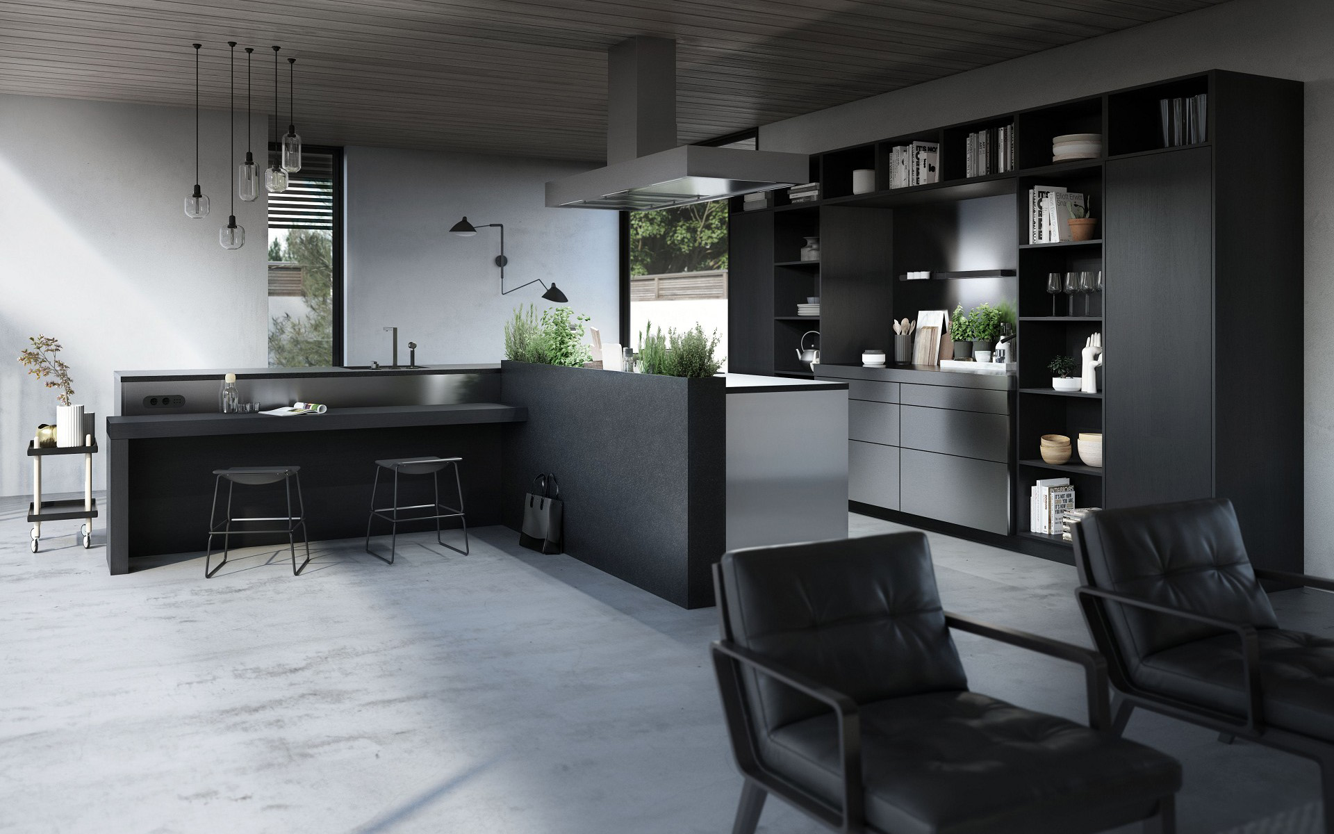 The sophistication of the tall units and shelves in graphite oak goes - SieMatic UAE